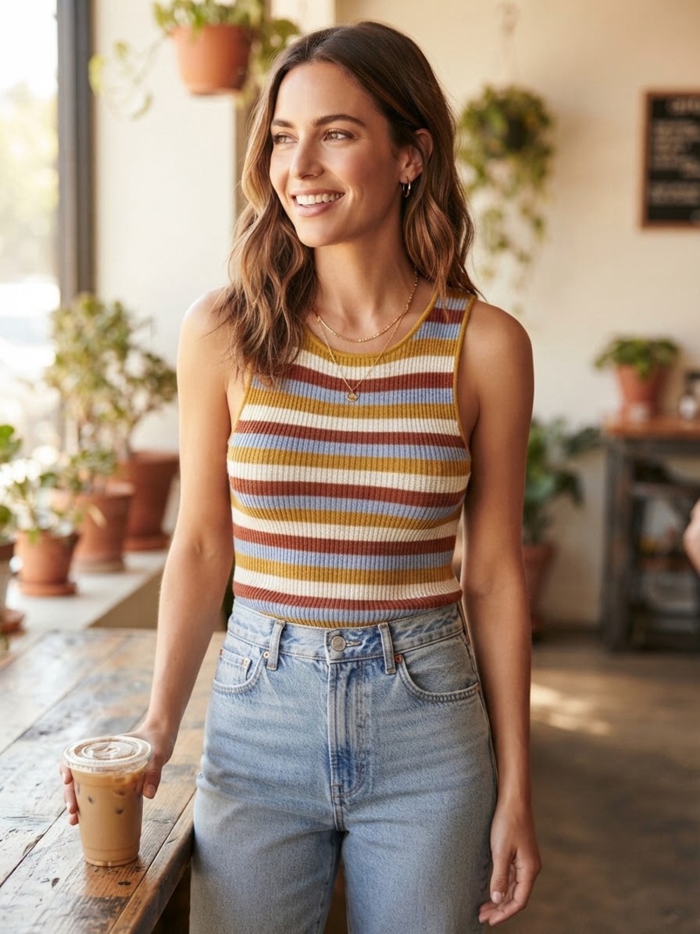 Zara Multi-Color Striped Knit Tank Top Mustard Blue Rust White M
